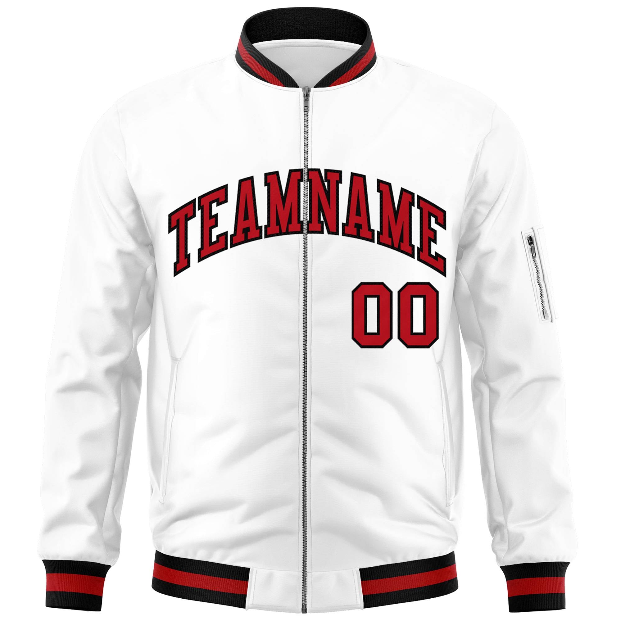 Custom White Red-Black Varsity Full-Zip Letterman Bomber Jacket