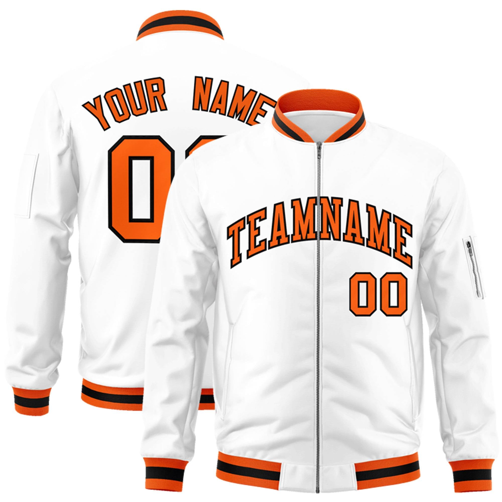 Custom White Orange-Black Varsity Full-Zip Letterman Bomber Jacket