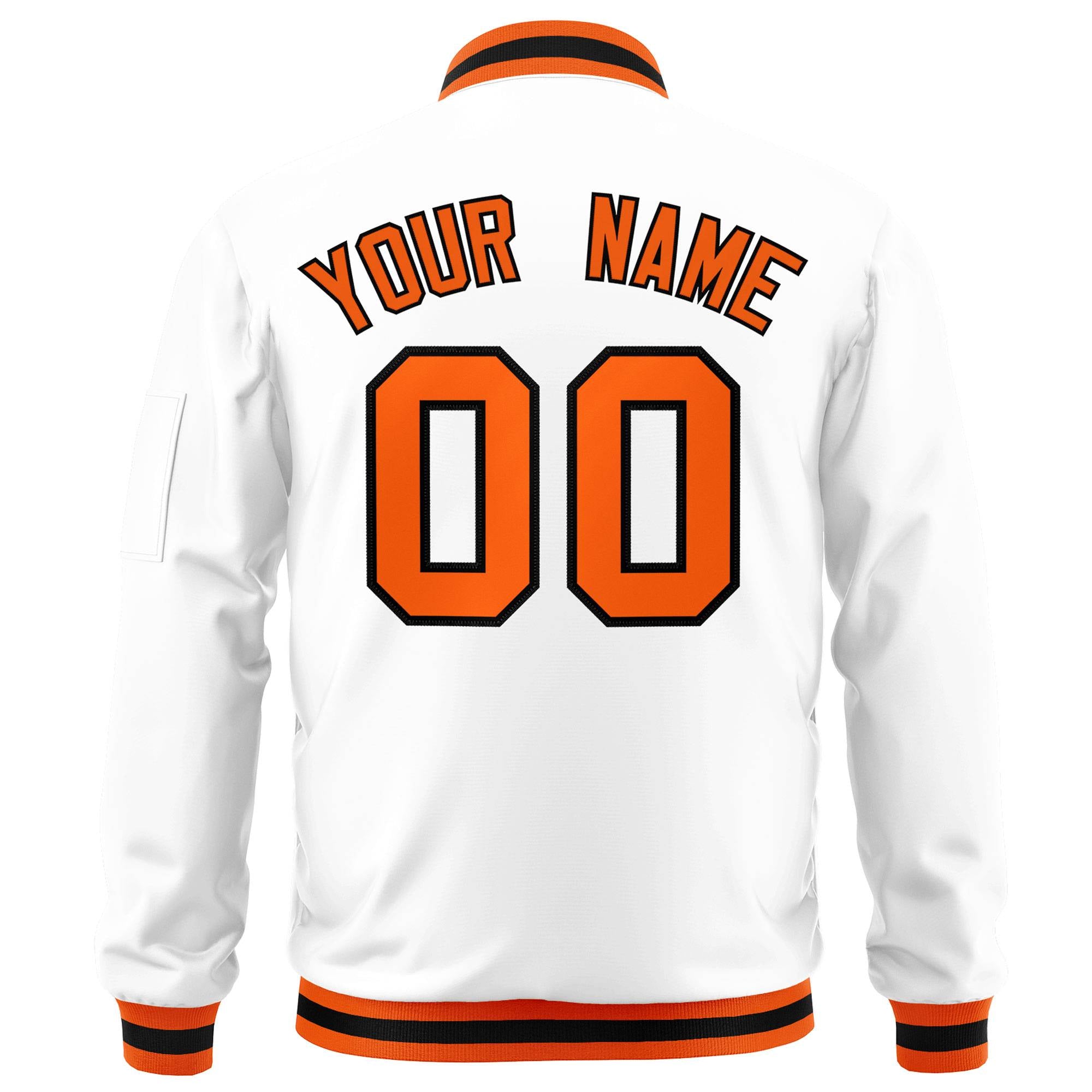 Custom White Orange-Black Varsity Full-Zip Letterman Bomber Jacket