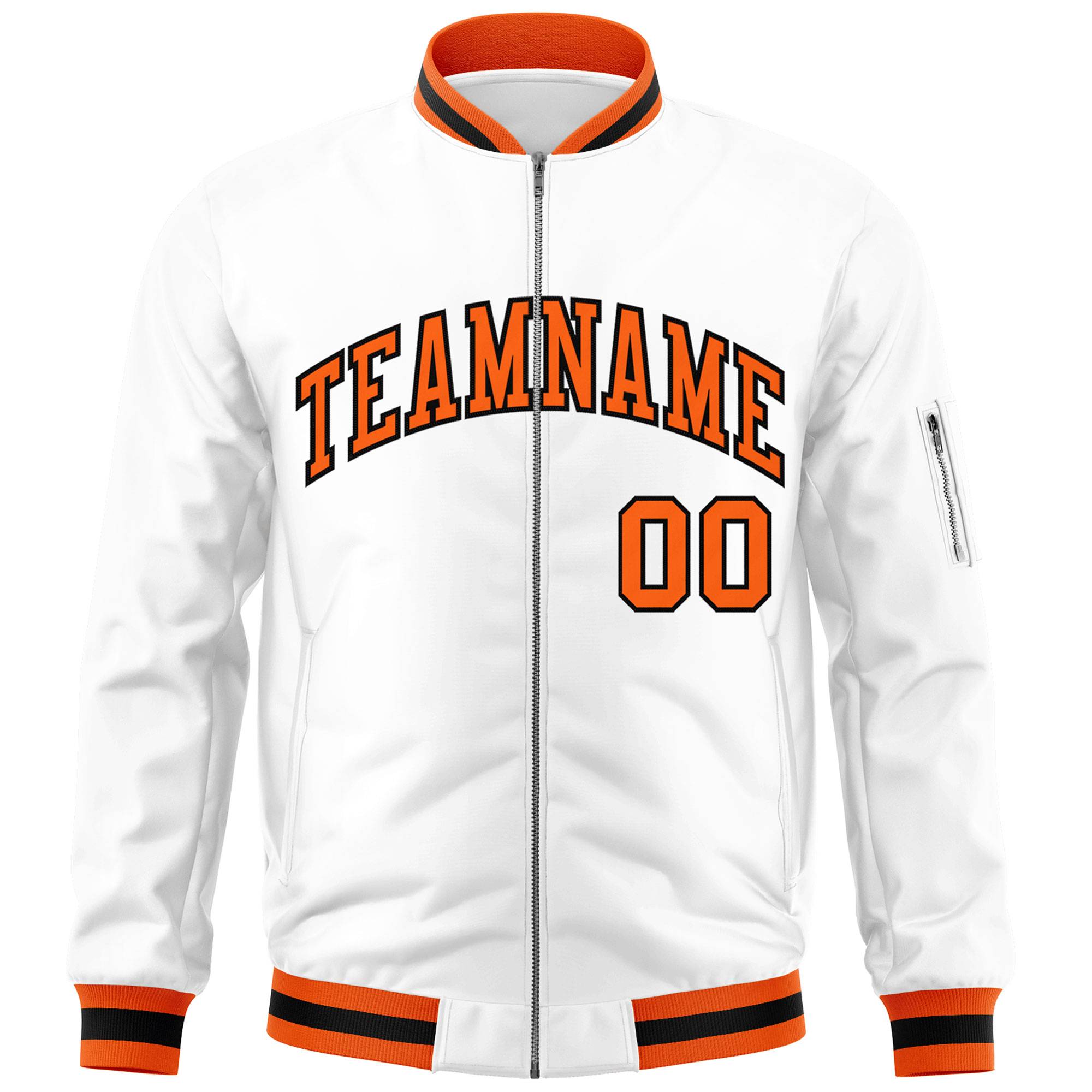 Custom White Orange-Black Varsity Full-Zip Letterman Bomber Jacket