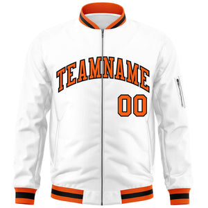 Custom White Orange-Black Varsity Full-Zip Letterman Bomber Jacket