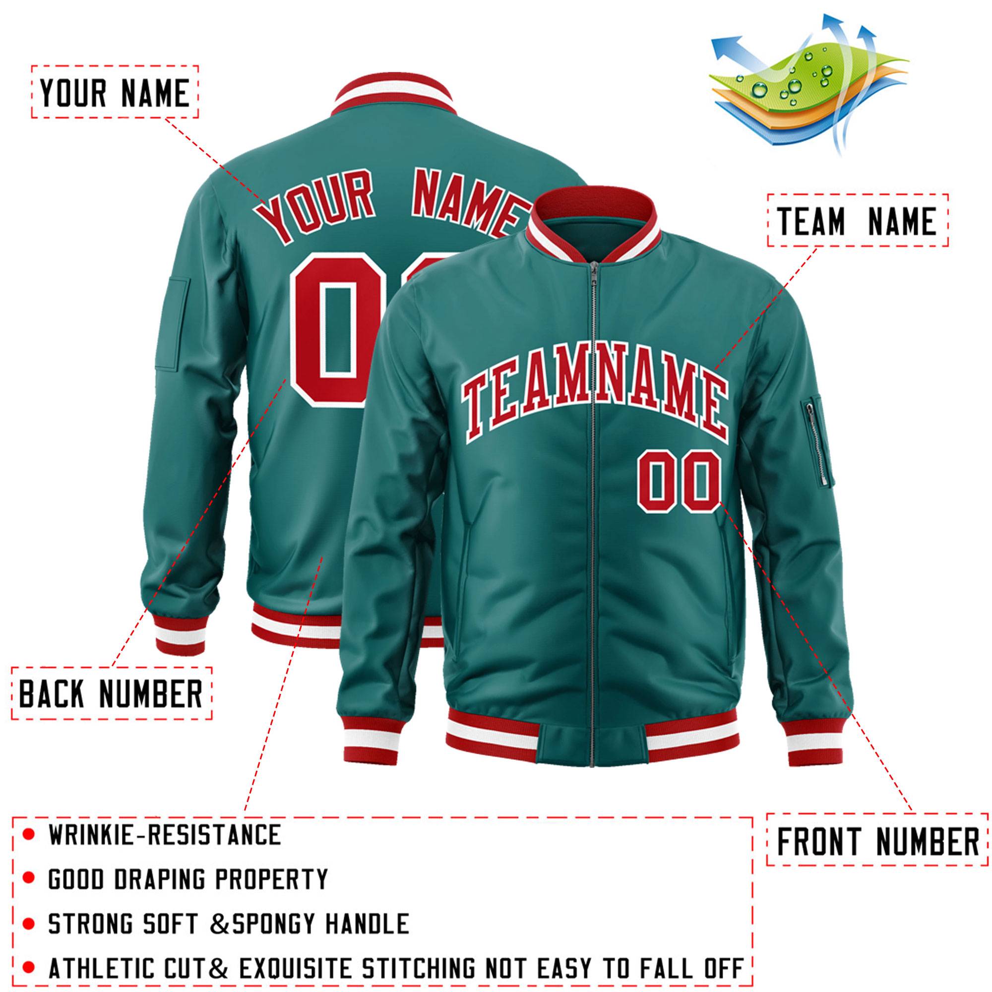 Custom Aqua Red-White Varsity Full-Zip Letterman Bomber Jacket