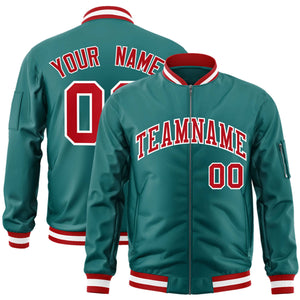 Custom Aqua Red-White Varsity Full-Zip Letterman Bomber Jacket