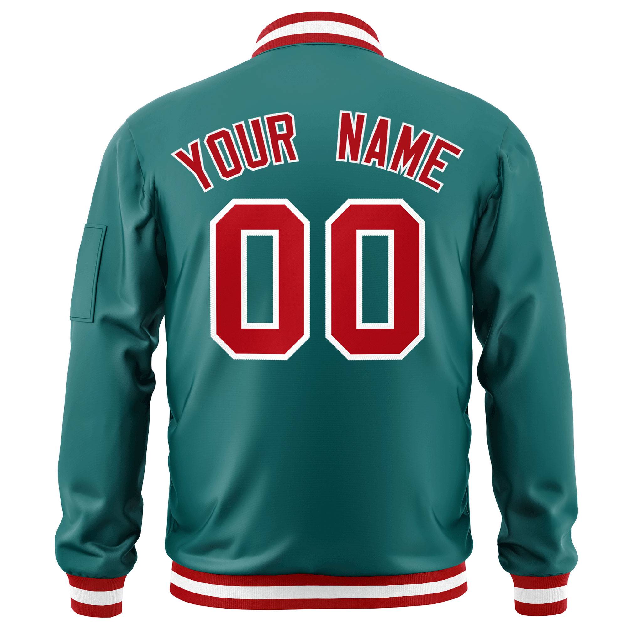 Custom Aqua Red-White Varsity Full-Zip Letterman Bomber Jacket