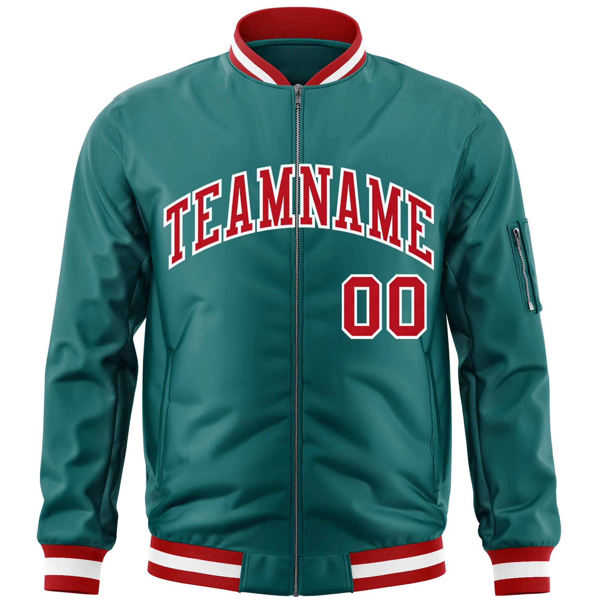 Custom Aqua Red-White Varsity Full-Zip Letterman Bomber Jacket