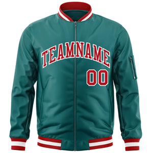 Custom Aqua Red-White Varsity Full-Zip Letterman Bomber Jacket