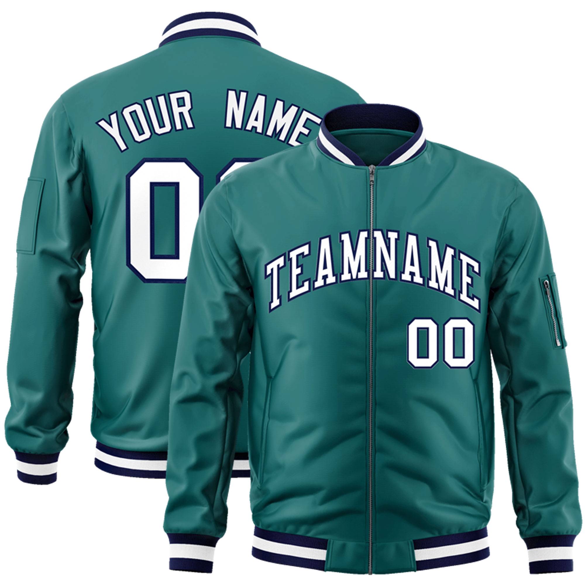 Custom Aqua White-Navy Varsity Full-Zip Letterman Bomber Jacket