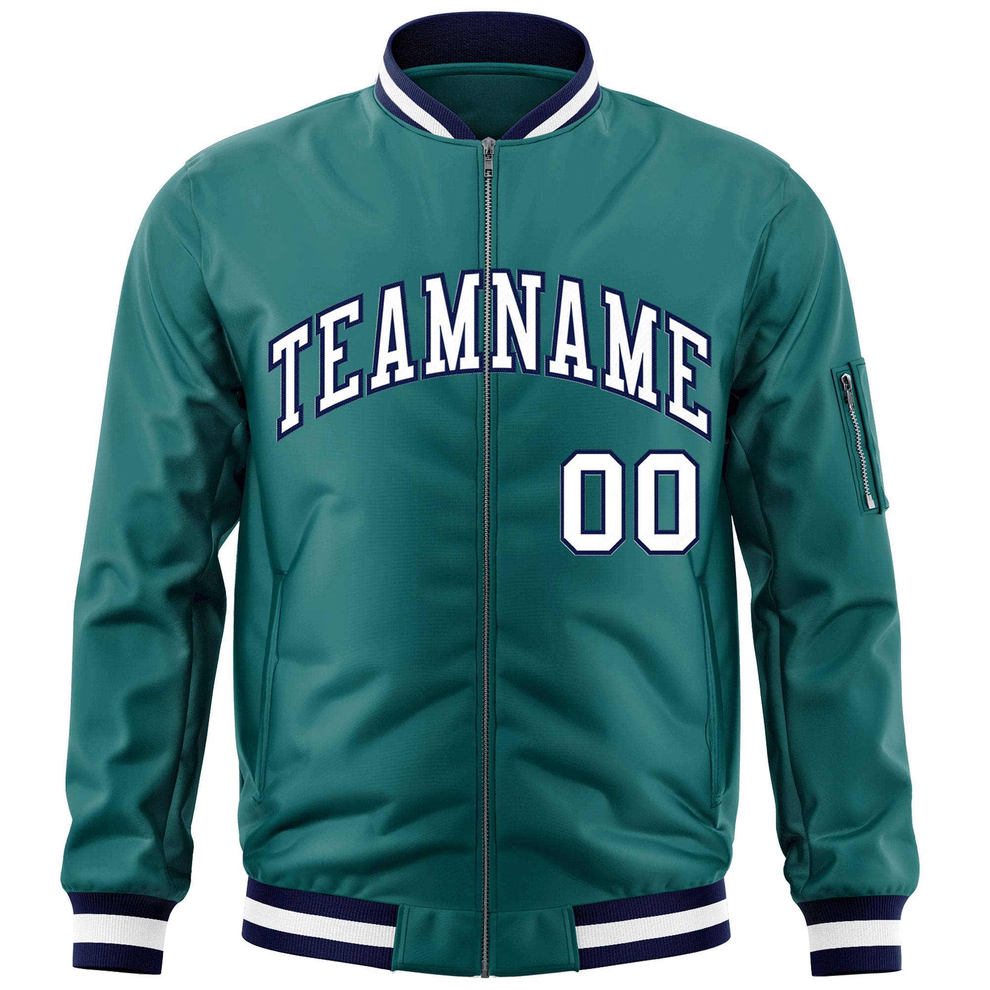 Custom Aqua White-Navy Varsity Full-Zip Letterman Bomber Jacket