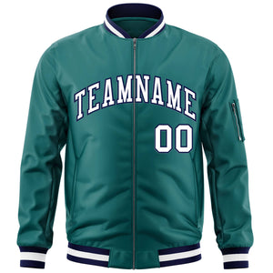 Custom Aqua White-Navy Varsity Full-Zip Letterman Bomber Jacket