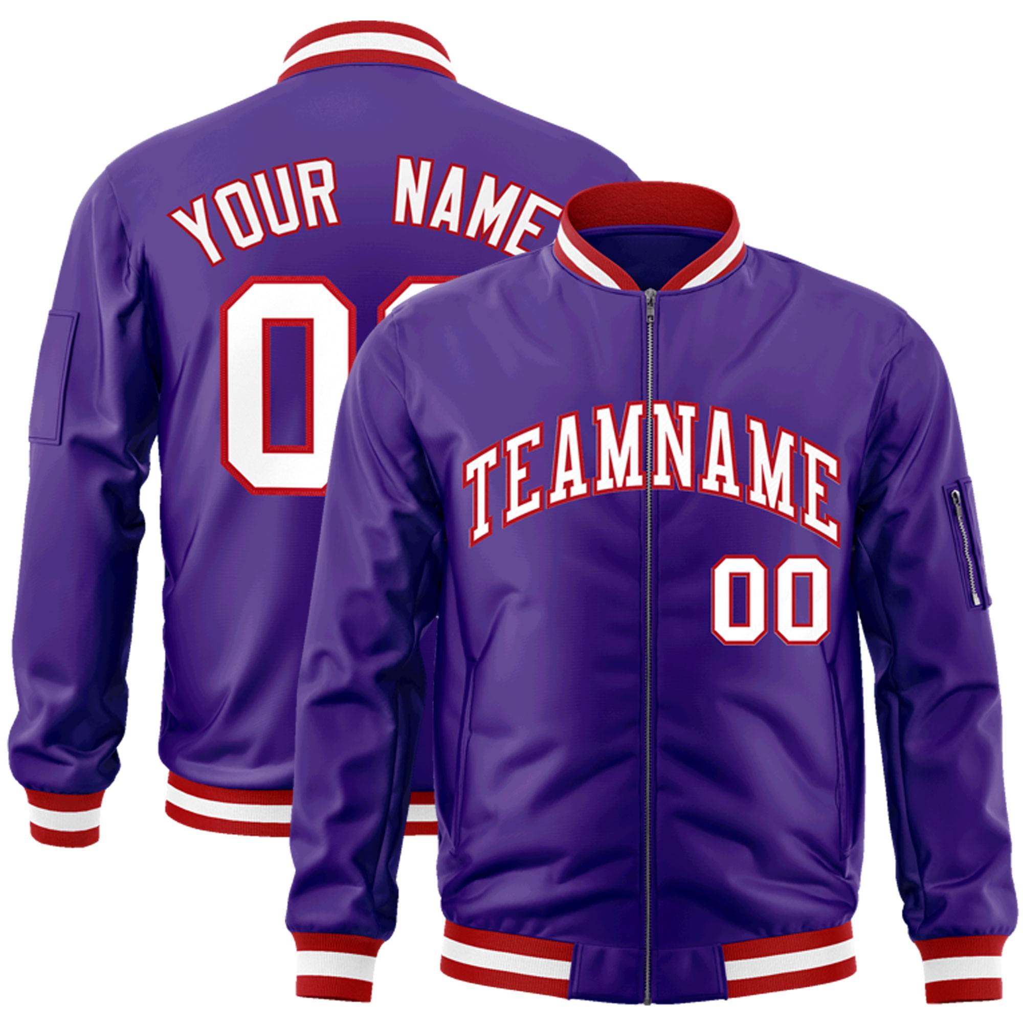 Custom Purple White-Red Varsity Full-Zip Letterman Bomber Jacket