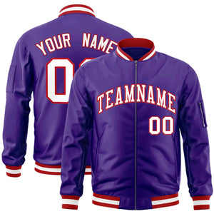 Custom Purple White-Red Varsity Full-Zip Letterman Bomber Jacket