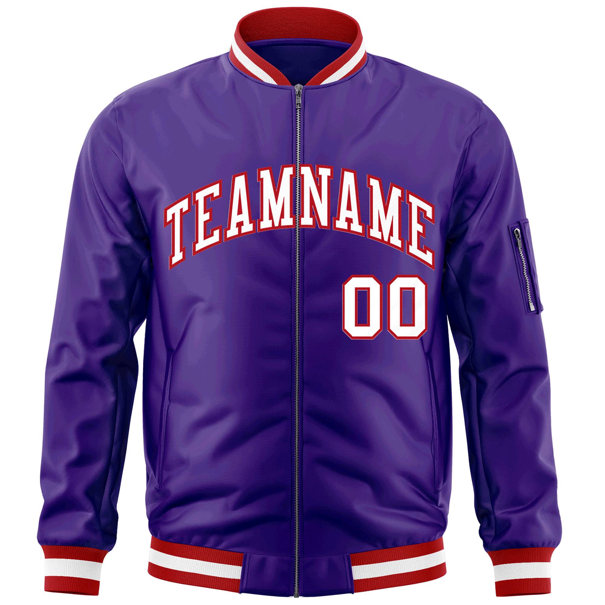 Custom Purple White-Red Varsity Full-Zip Letterman Bomber Jacket