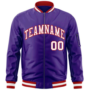 Custom Purple White-Red Varsity Full-Zip Letterman Bomber Jacket