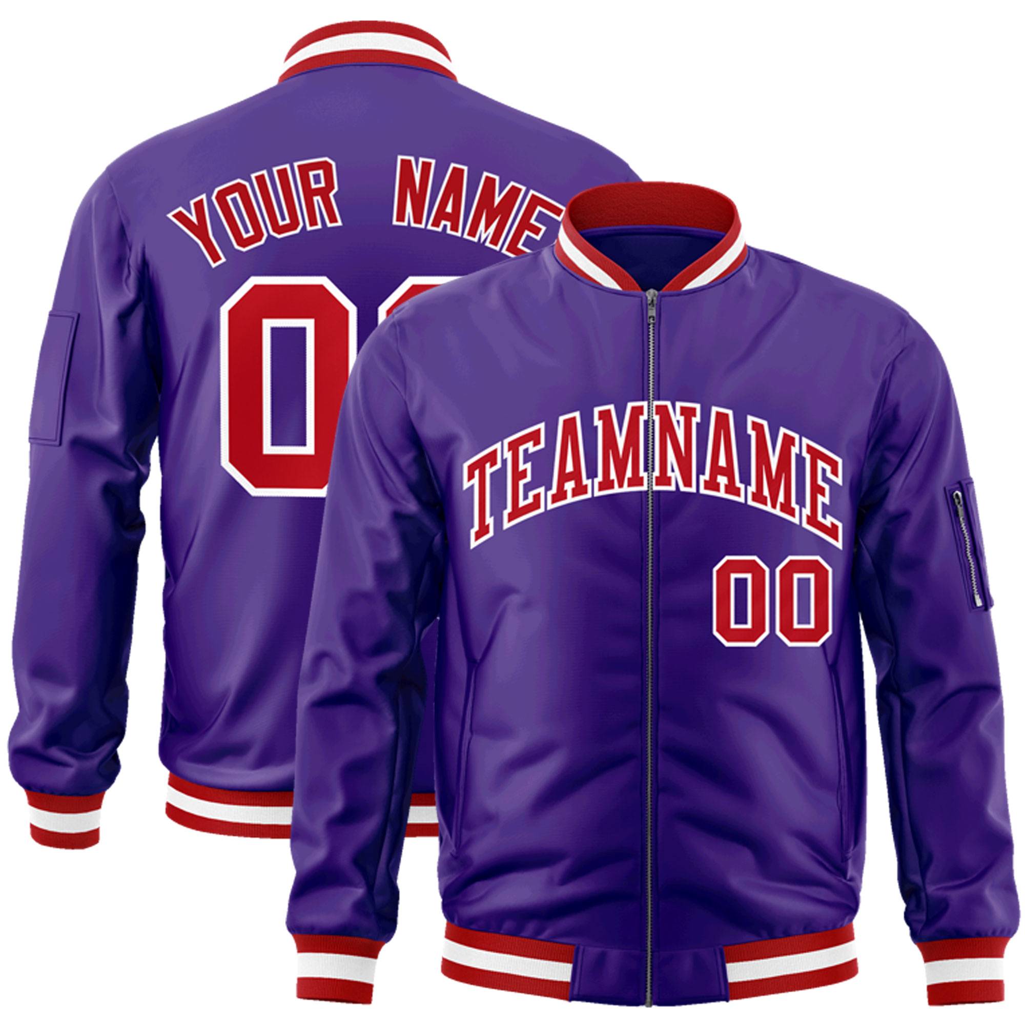 Custom Purple Red-White Varsity Full-Zip Letterman Bomber Jacket