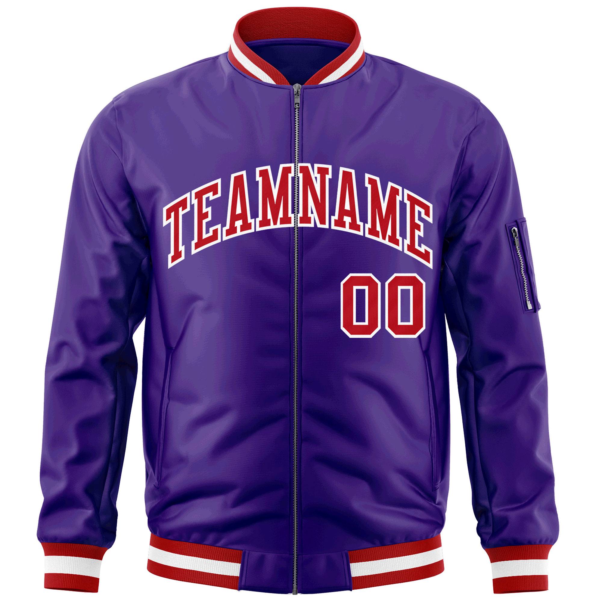 Custom Purple Red-White Varsity Full-Zip Letterman Bomber Jacket