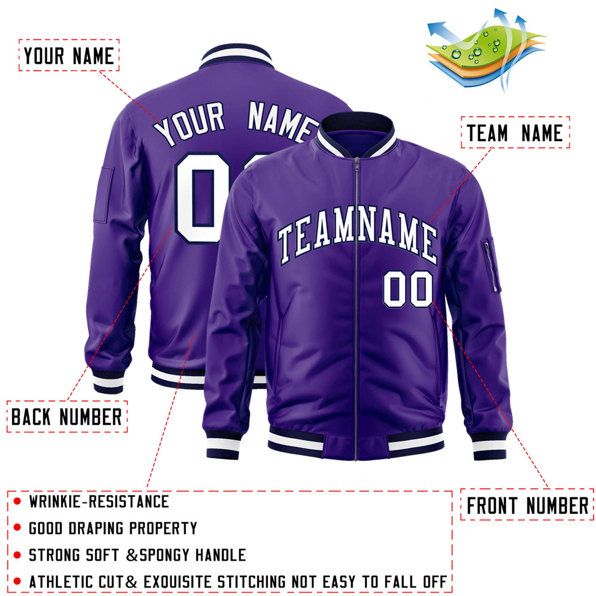 Custom Purple White-Navy Varsity Full-Zip Letterman Bomber Jacket