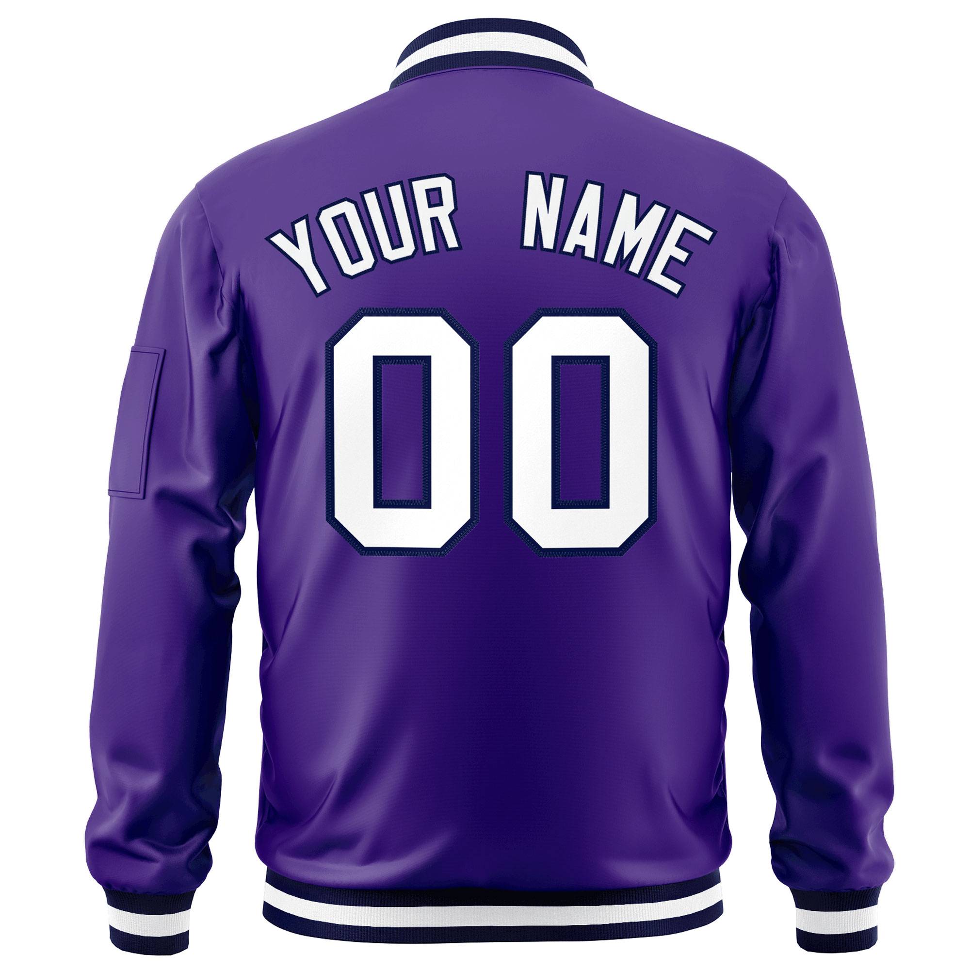 Custom Purple White-Navy Varsity Full-Zip Letterman Bomber Jacket