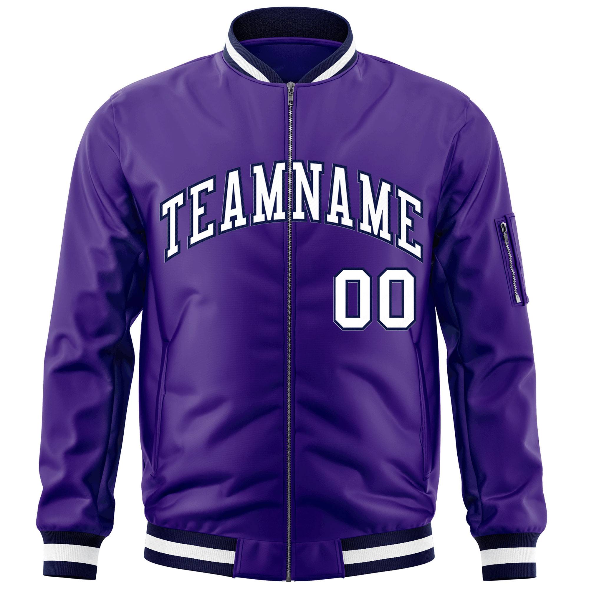 Custom Purple White-Navy Varsity Full-Zip Letterman Bomber Jacket