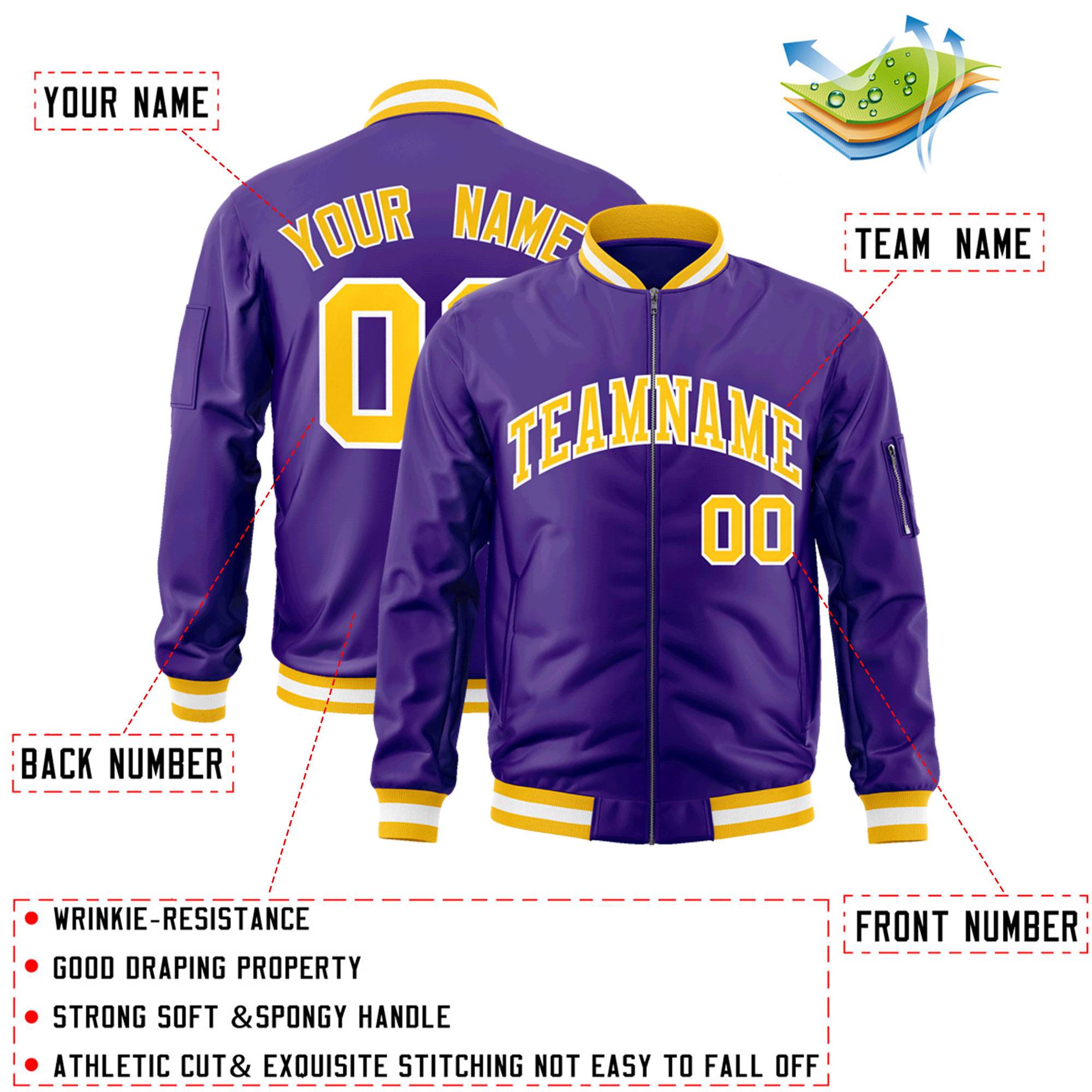 Custom Purple Gold-White Varsity Full-Zip Letterman Bomber Jacket