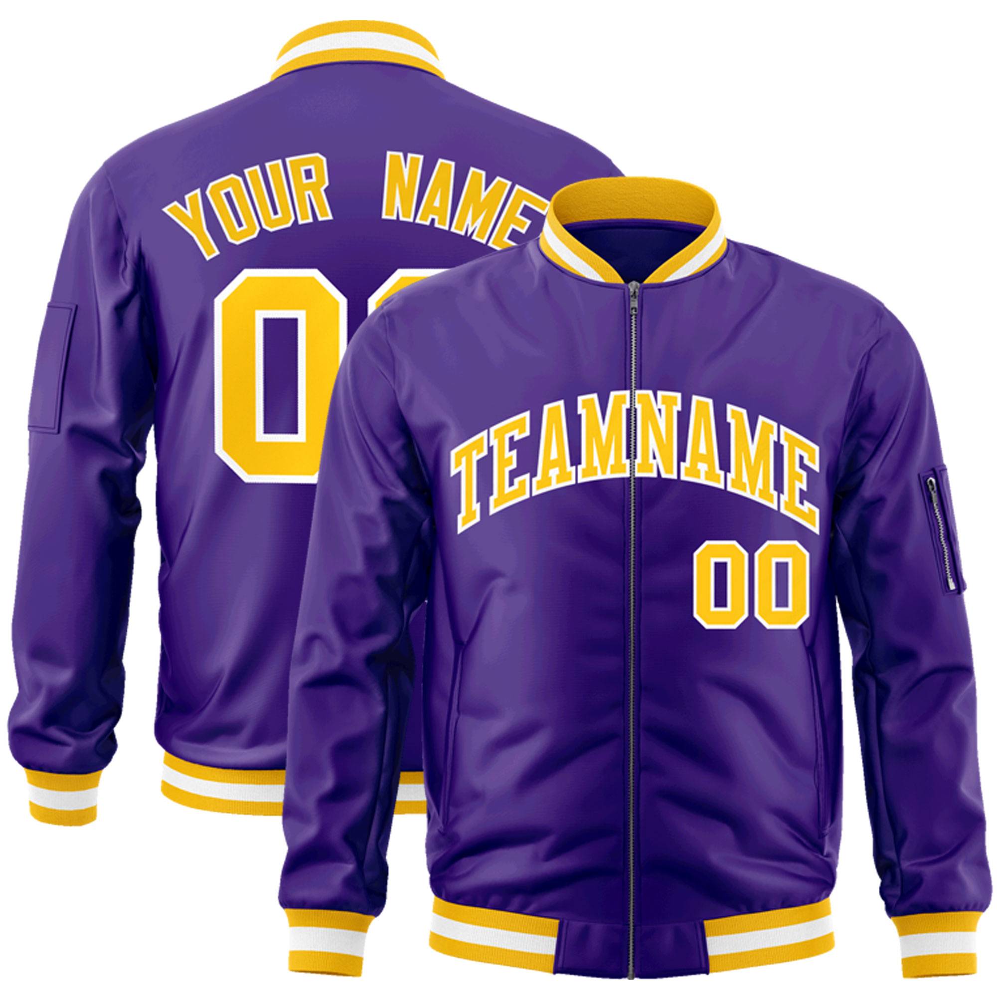 Custom Purple Gold-White Varsity Full-Zip Letterman Bomber Jacket