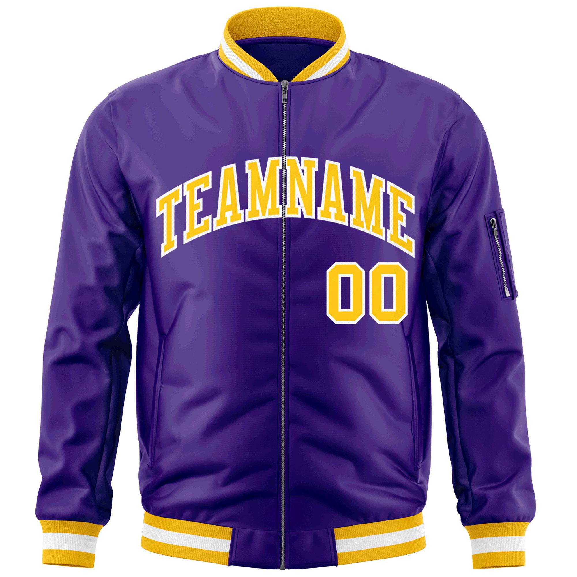 Custom Purple Gold-White Varsity Full-Zip Letterman Bomber Jacket