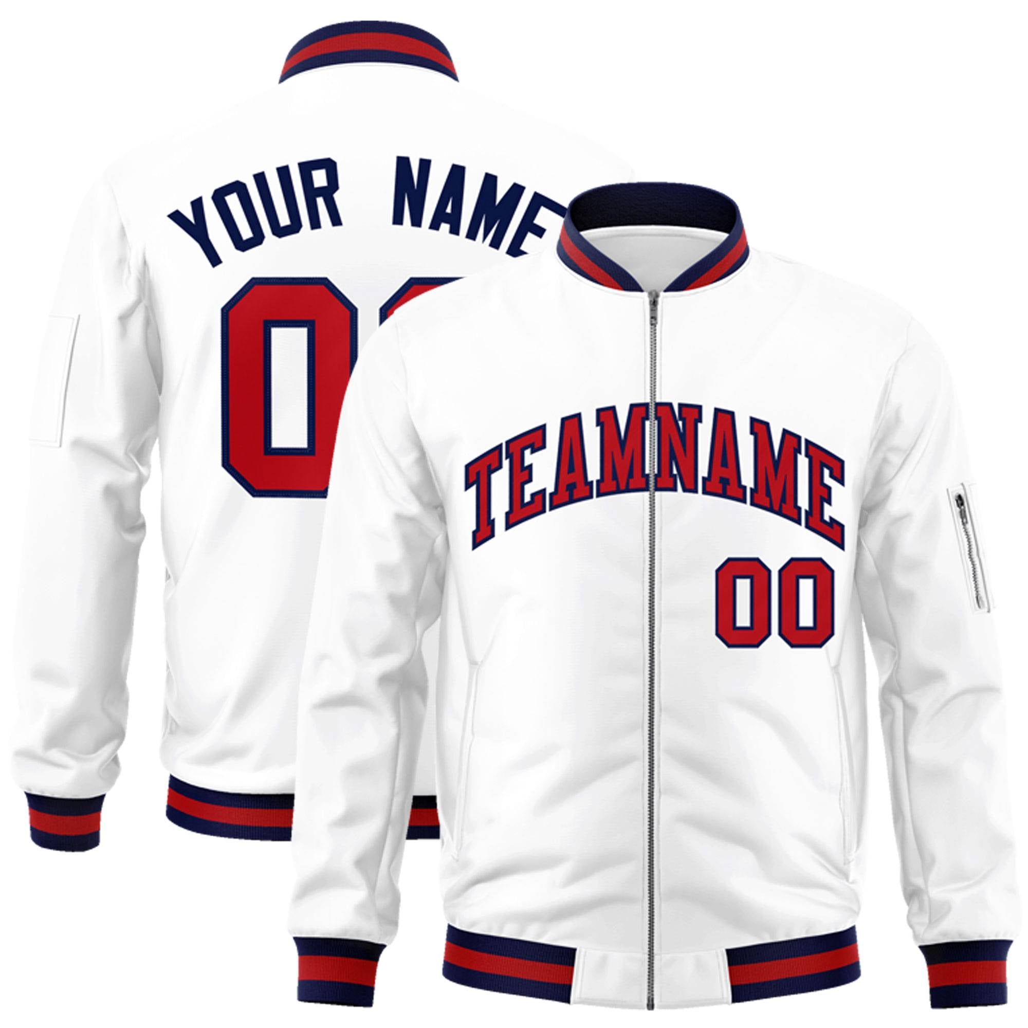 Custom White Red-Navy Varsity Full-Zip Letterman Bomber Jacket