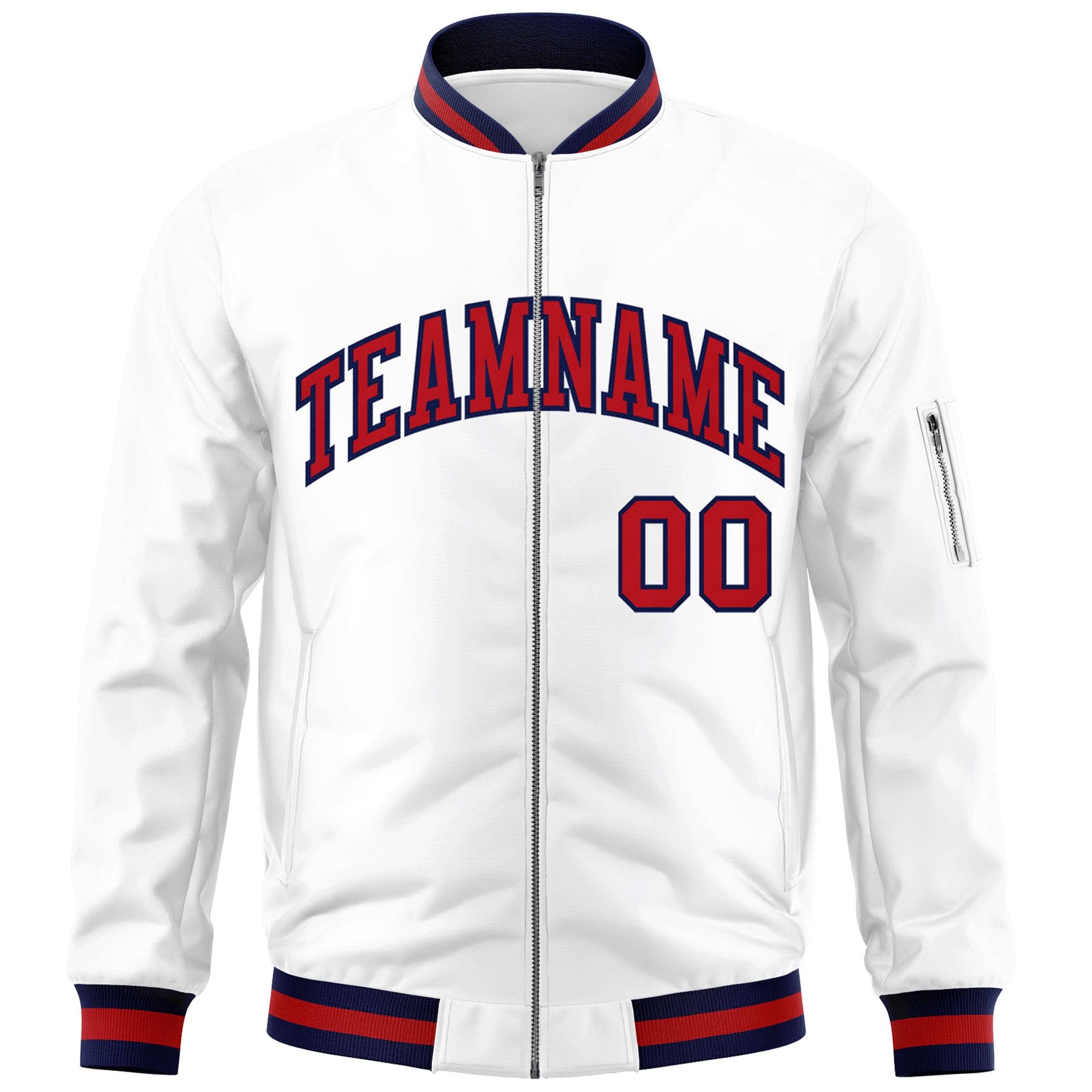 Custom White Red-Navy Varsity Full-Zip Letterman Bomber Jacket