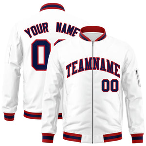 Custom White Navy-Red Varsity Full-Zip Letterman Bomber Jacket