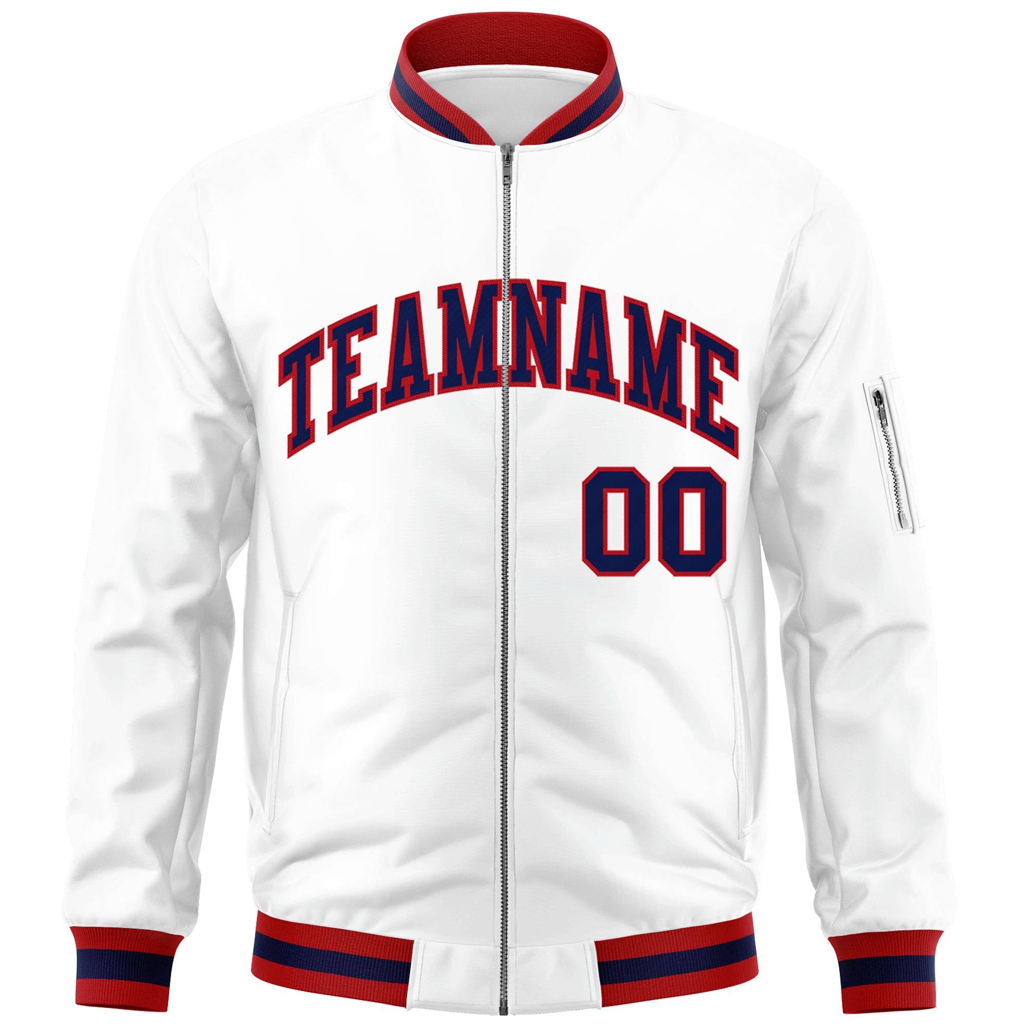 Custom White Navy-Red Varsity Full-Zip Letterman Bomber Jacket