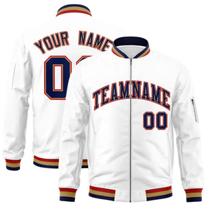 Custom White Navy-Red Varsity Full-Zip Letterman Bomber Jacket