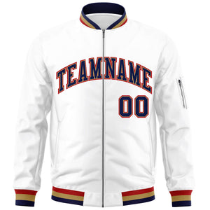 Custom White Navy-Red Varsity Full-Zip Letterman Bomber Jacket