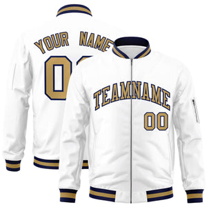 Custom White Old Gold-Navy Varsity Full-Zip Letterman Bomber Jacket