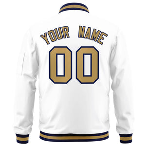 Custom White Old Gold-Navy Varsity Full-Zip Letterman Bomber Jacket