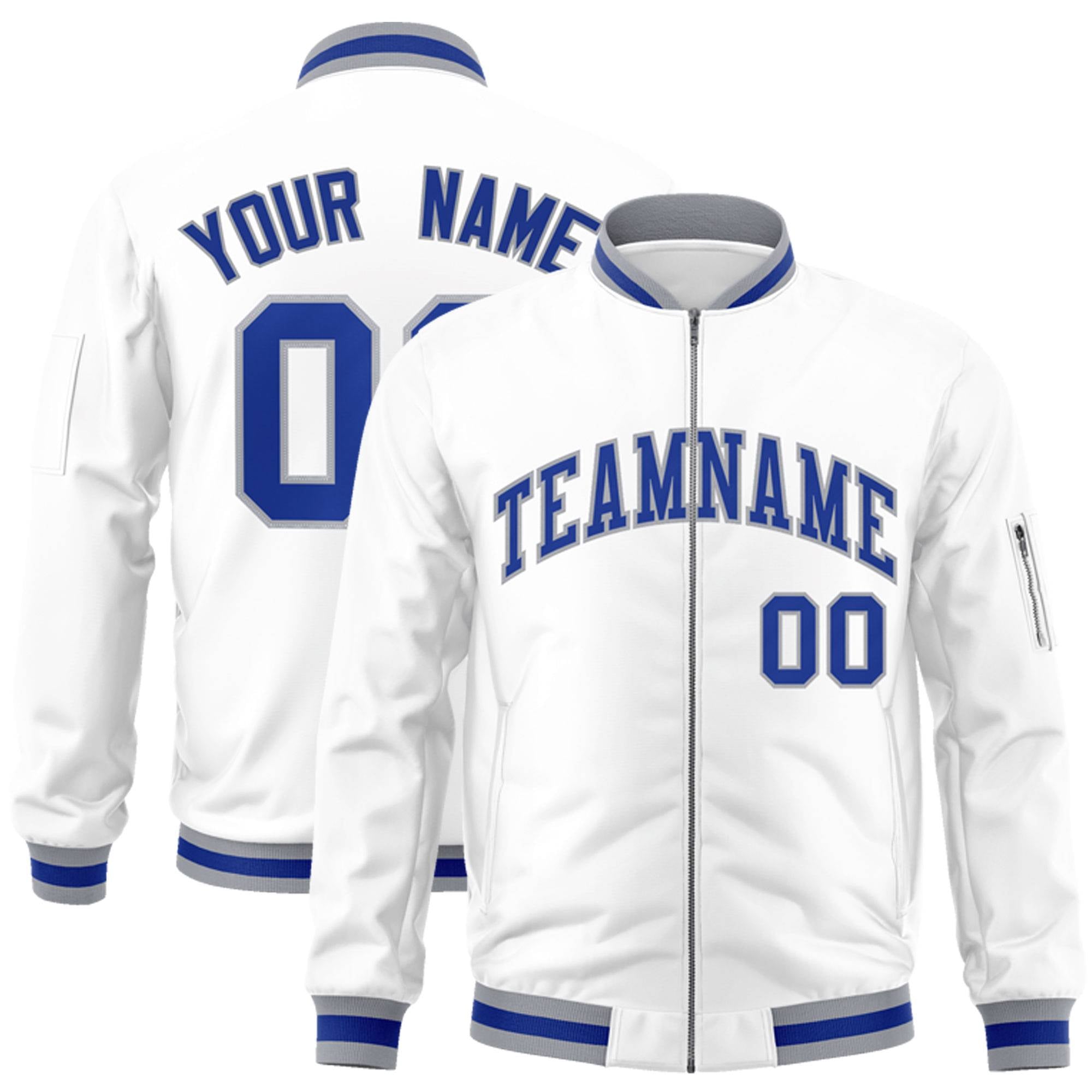 Custom White Royal-Gray Varsity Full-Zip Letterman Bomber Jacket