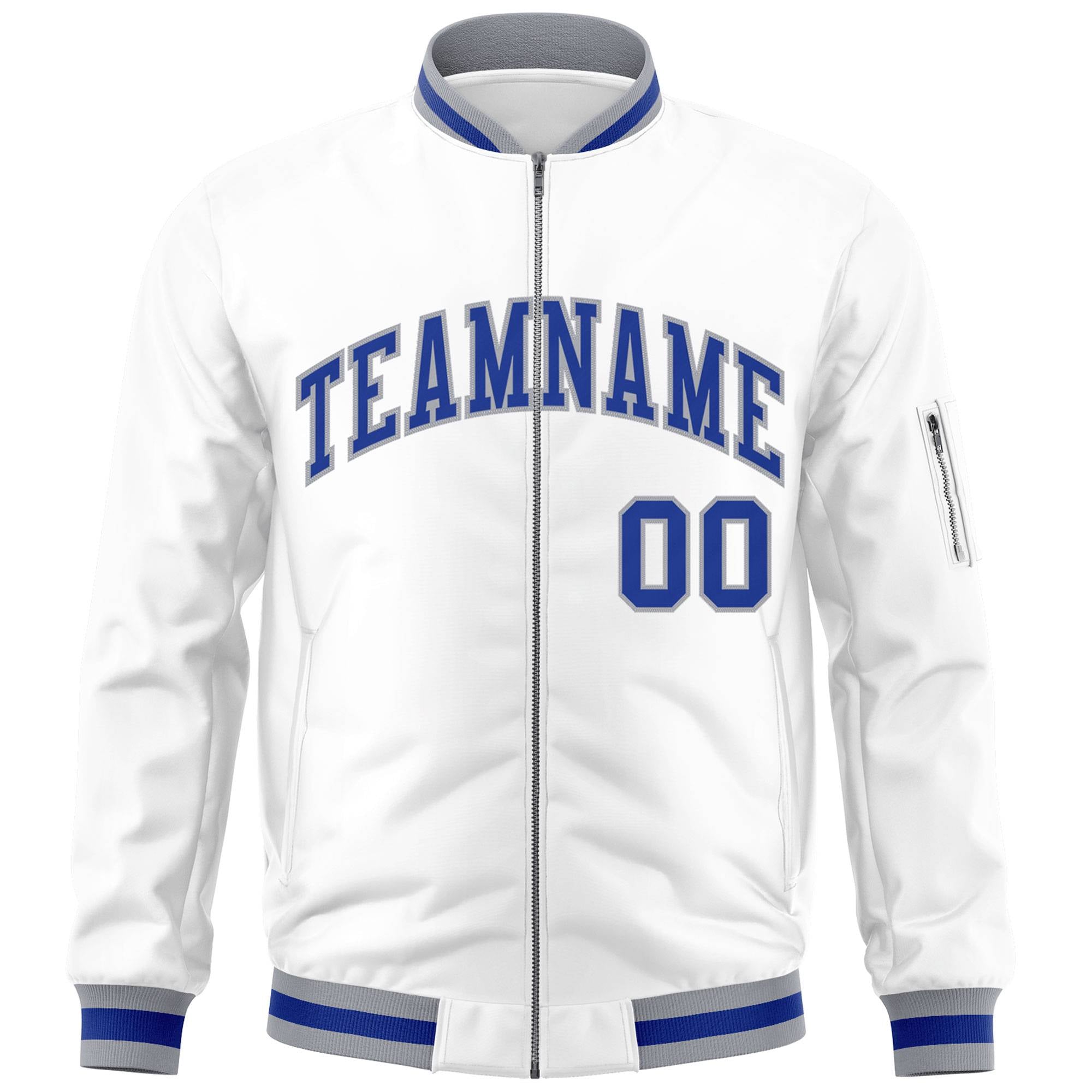 Custom White Royal-Gray Varsity Full-Zip Letterman Bomber Jacket