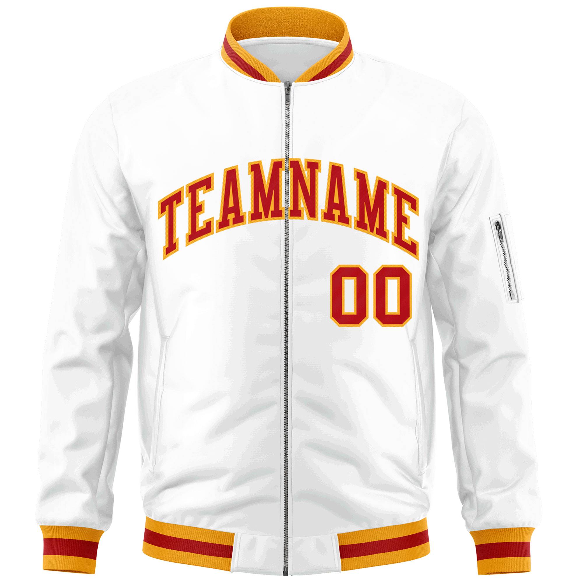 Custom White Red-Gold Varsity Full-Zip Letterman Bomber Jacket