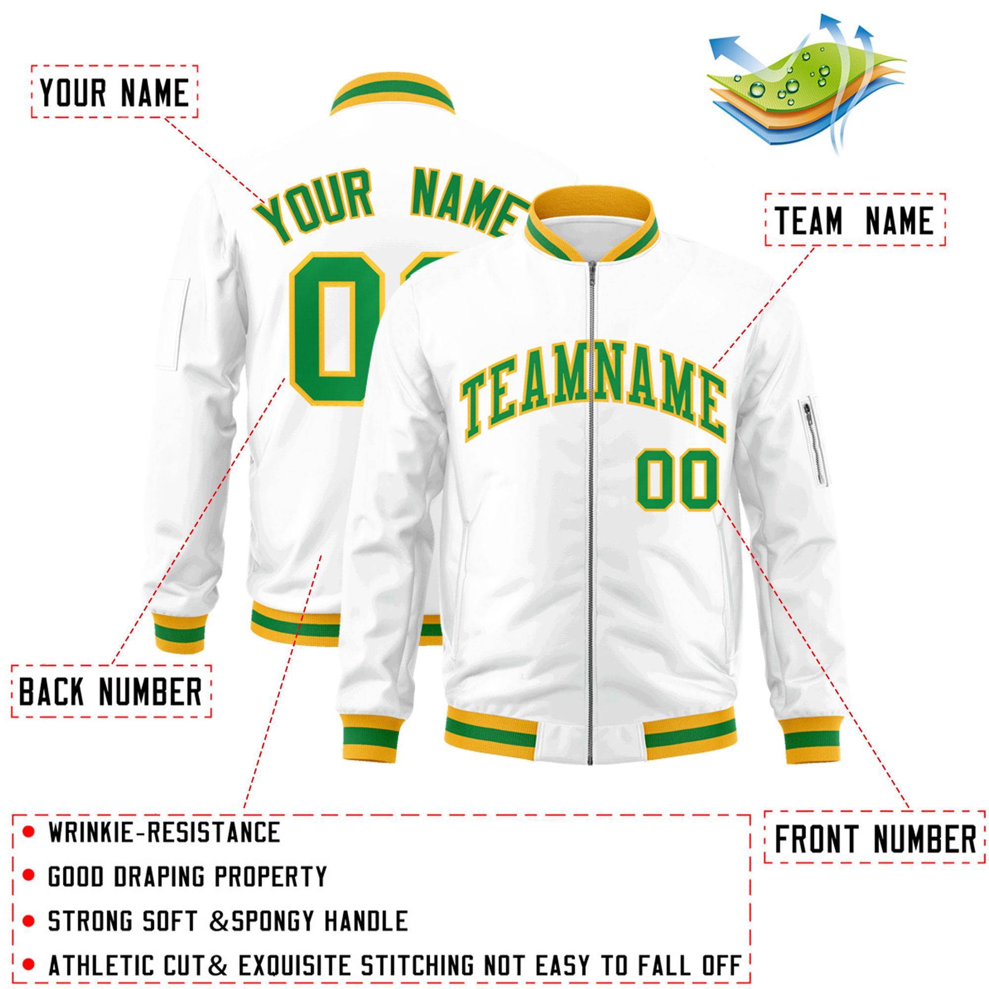 Custom White Kelly Green-Gold Varsity Full-Zip Letterman Bomber Jacket