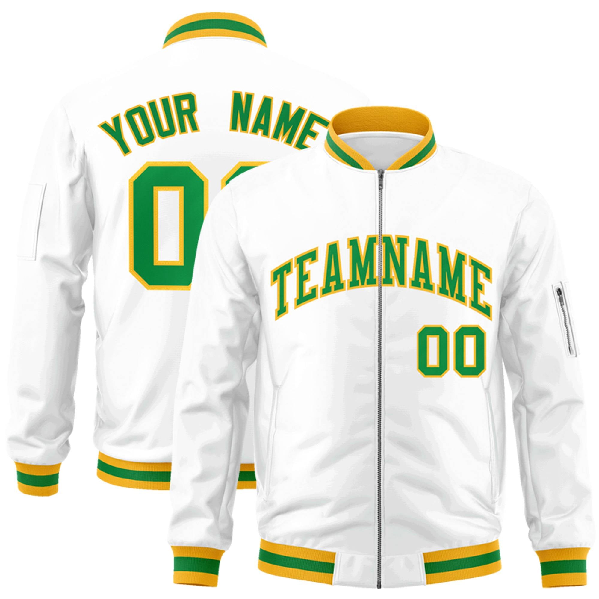 Custom White Kelly Green-Gold Varsity Full-Zip Letterman Bomber Jacket