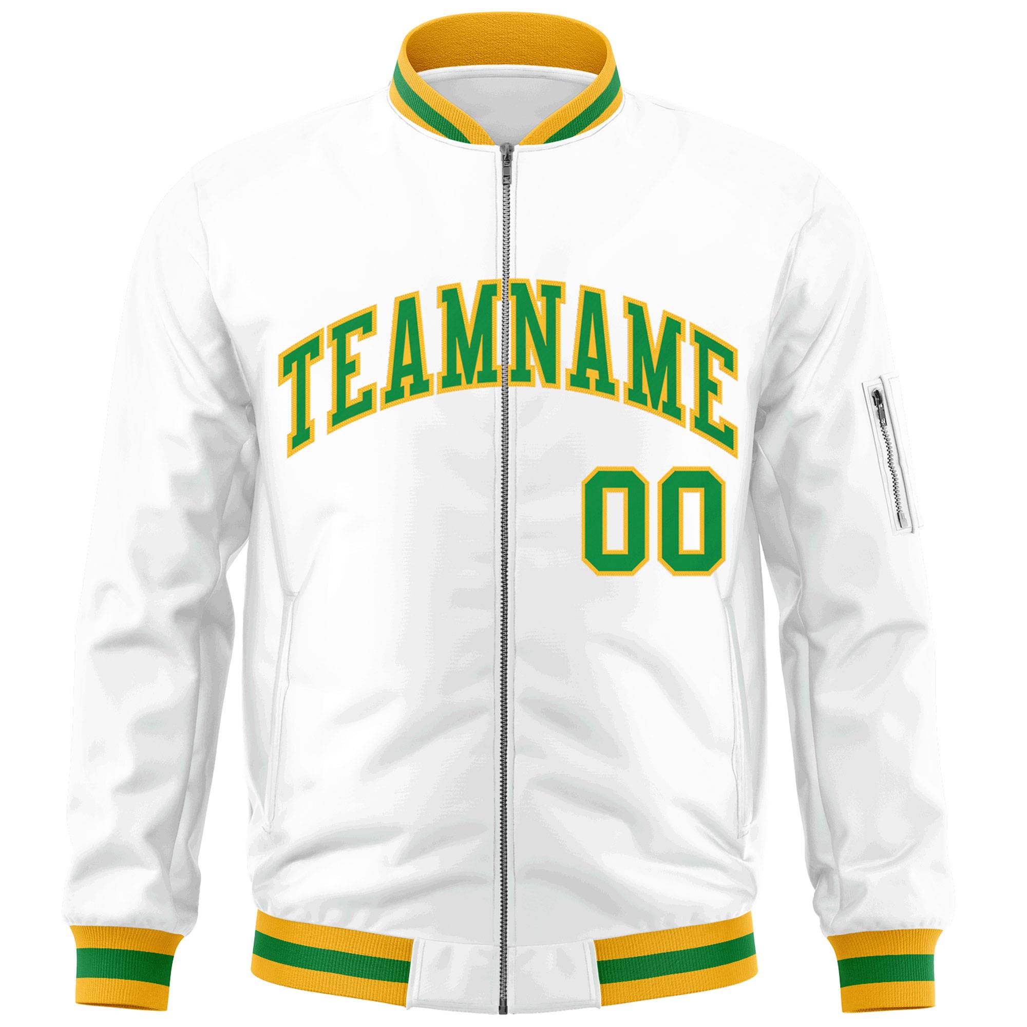 Custom White Kelly Green-Gold Varsity Full-Zip Letterman Bomber Jacket