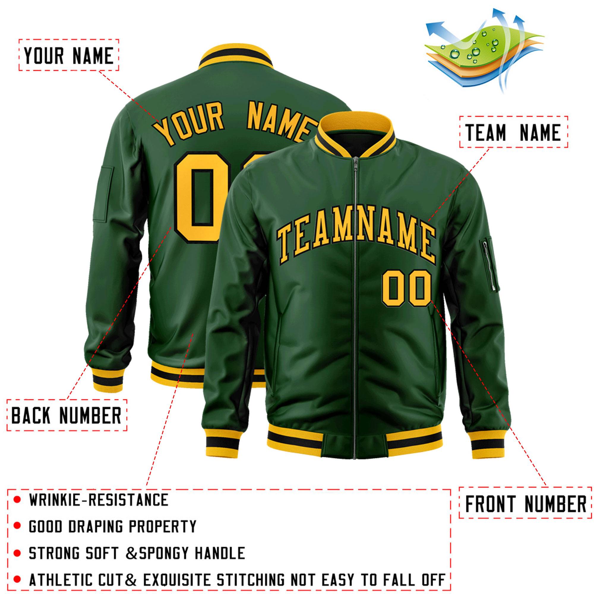 Custom Green Gold-Black Varsity Full-Zip Letterman Bomber Jacket