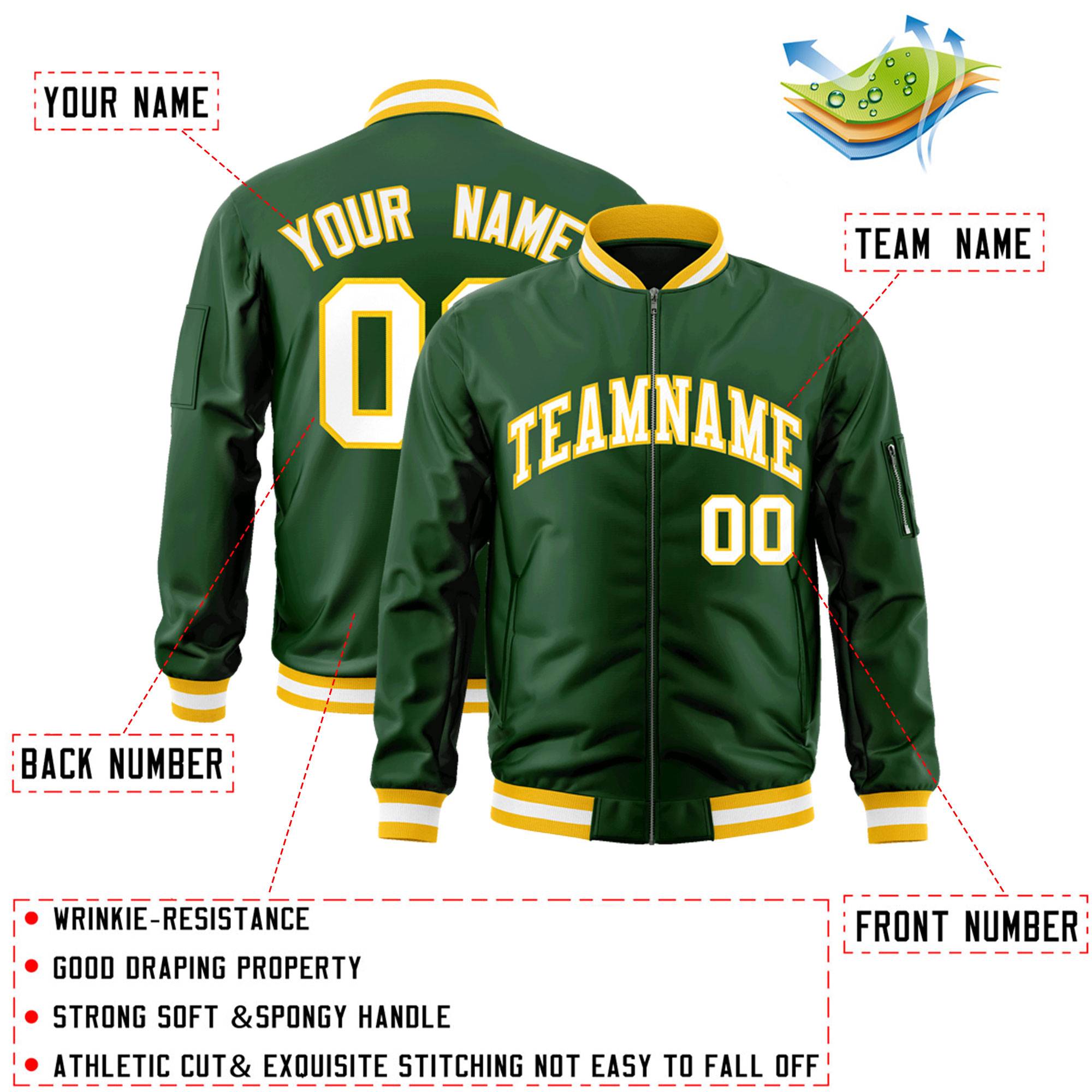 Custom Green White-Gold Varsity Full-Zip Letterman Bomber Jacket