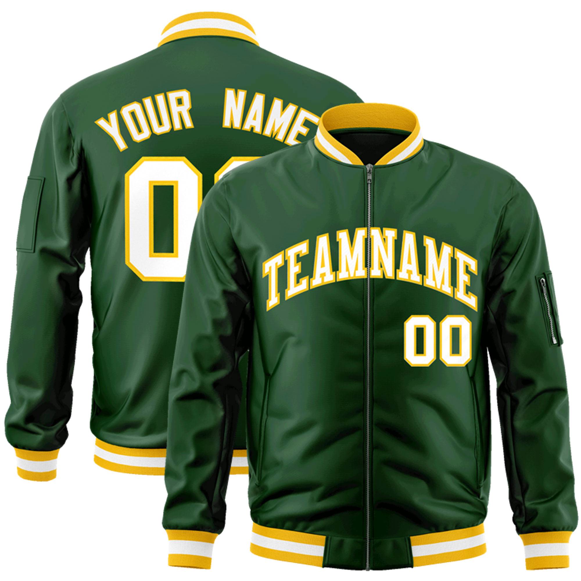 Custom Green White-Gold Varsity Full-Zip Letterman Bomber Jacket