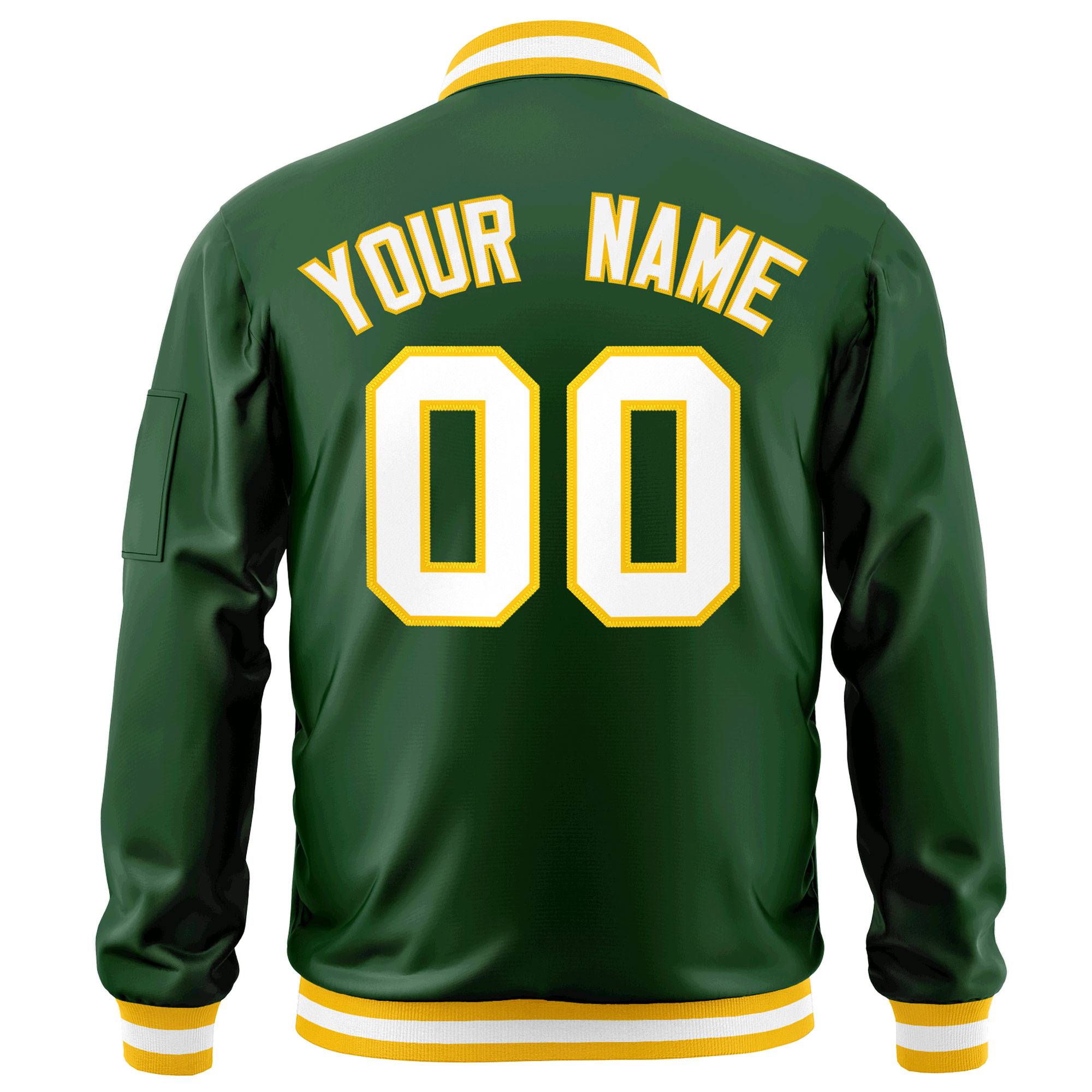 Custom Green White-Gold Varsity Full-Zip Letterman Bomber Jacket