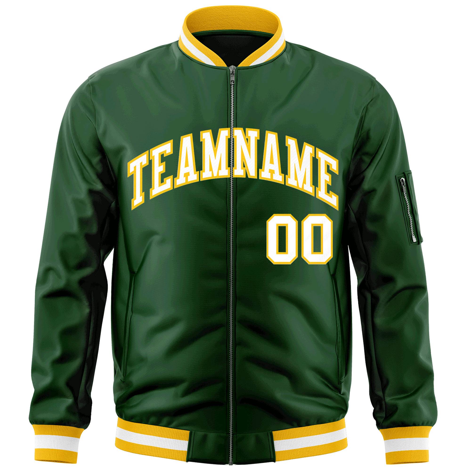 Custom Green White-Gold Varsity Full-Zip Letterman Bomber Jacket