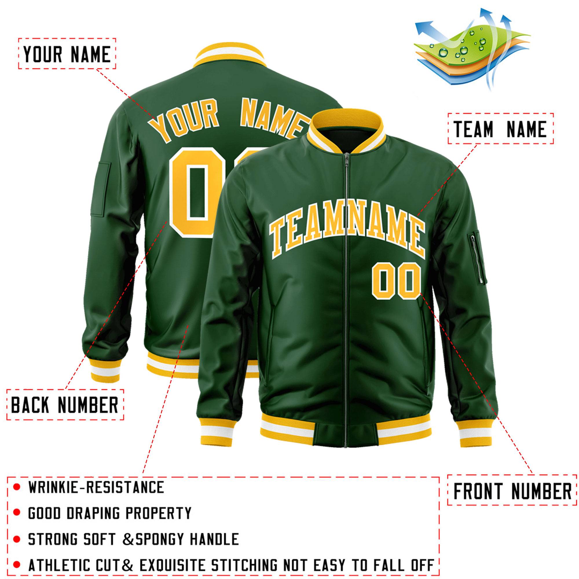 Custom Green Gold-White Varsity Full-Zip Letterman Bomber Jacket