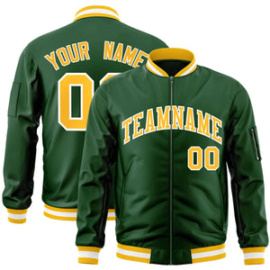 Custom Green Gold-White Varsity Full-Zip Letterman Bomber Jacket