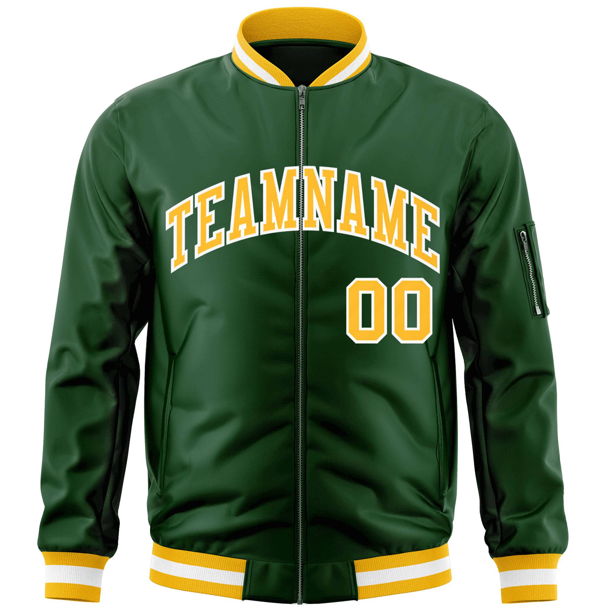 Custom Green Gold-White Varsity Full-Zip Letterman Bomber Jacket