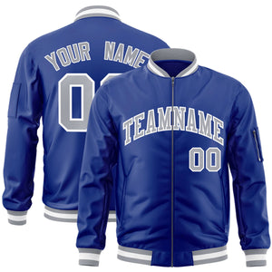 Custom Royal Gray-White Varsity Full-Zip Letterman Bomber Jacket