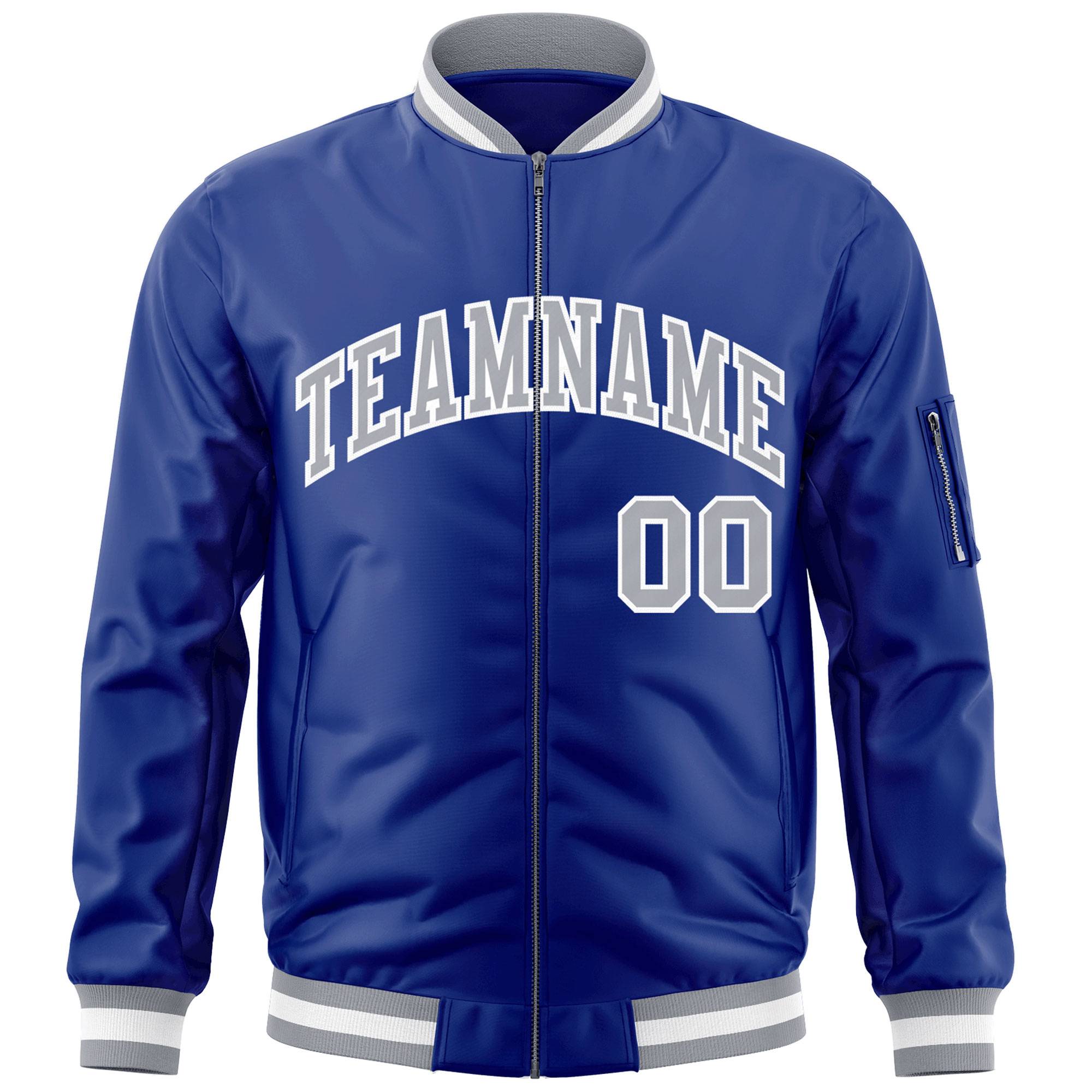 Custom Royal Gray-White Varsity Full-Zip Letterman Bomber Jacket