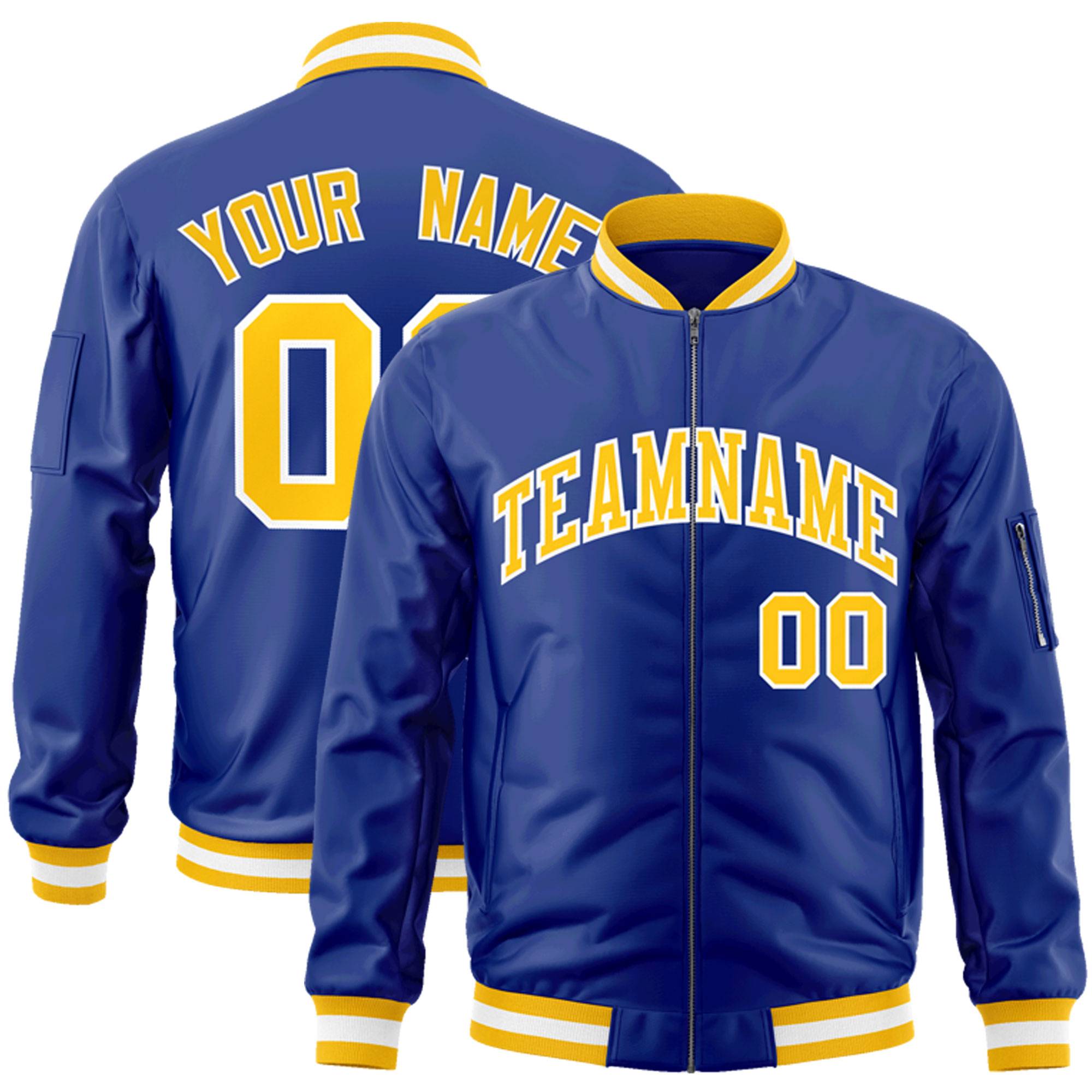 Custom Royal Gold-White Varsity Full-Zip Letterman Bomber Jacket